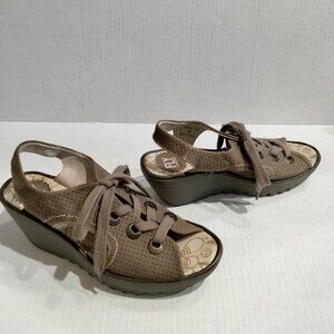 FLY London Wedge Sandal, Lace Up Perforated Suede, Ylva PERF Khaki, Original Box
